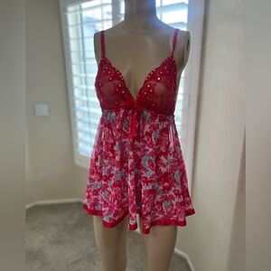 Red Floral Babydoll Sheer Adjustable Strap Slip Nineteen Sexy Sleep Dress Medium
